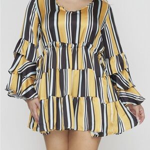 NWT Womens Plus Size Yellow Stripe Mini Dress 1XL Long Bell Sleeve